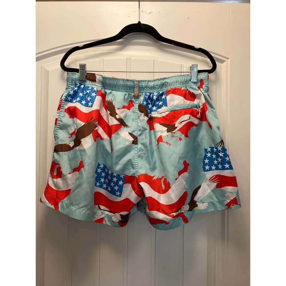 Ambsn Men’s Lace-Up Drawstring Eagle Print‎ Swim Trunks Shorts Size XL Blue Red